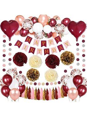 Burgundy Rose Gold Birthday Decorations Balloon Kit Banner Tassels Party Set
